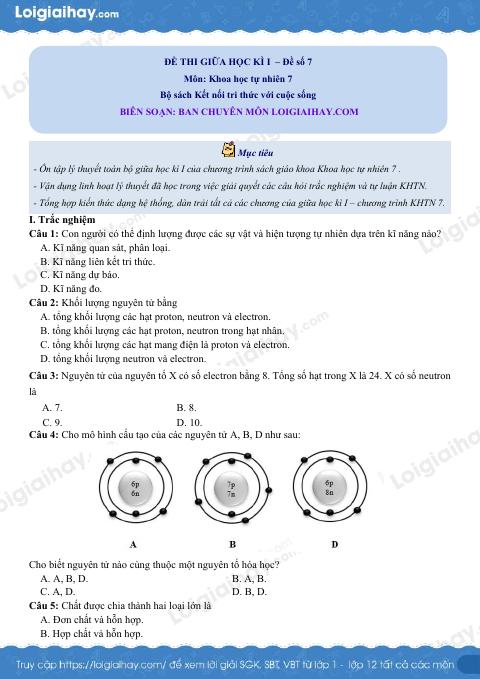Đề thi giữa học kì 1 KHTN 7 Kết nối tri thức - Đề số 7